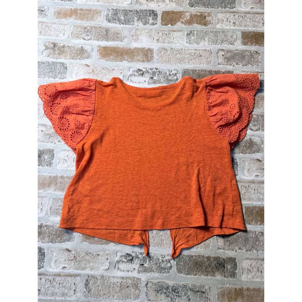 Charlotte by Cato Orange Linen Blend Eyelet Flutter Sleeve Tie Front Top S - Picture 5 of 5